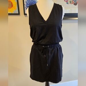 Large Daily Practice Black V Neck Cotton blend Yoga Dress with drawstring waist.